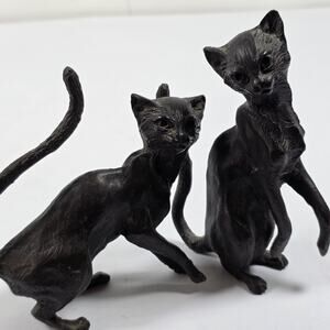 Vintage Bronze Cat Figurines Pair Mid Century Modern Patinated Cat Sculpture Set